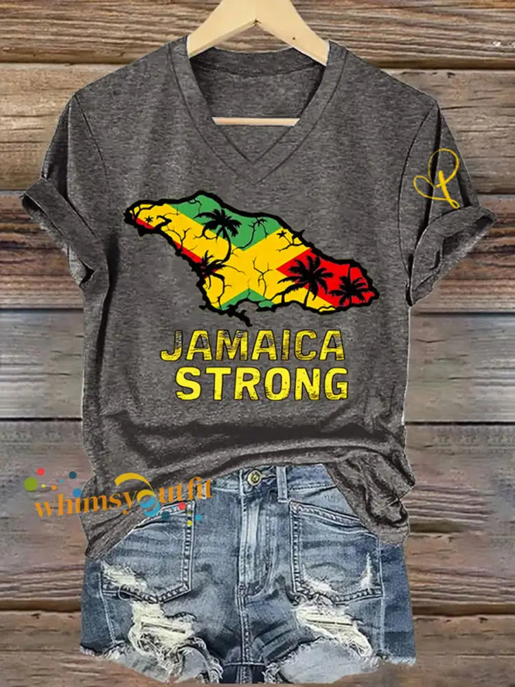 Women’s Jamaica Strong Cross Reggae V-Neck Tee Dark Gray / S