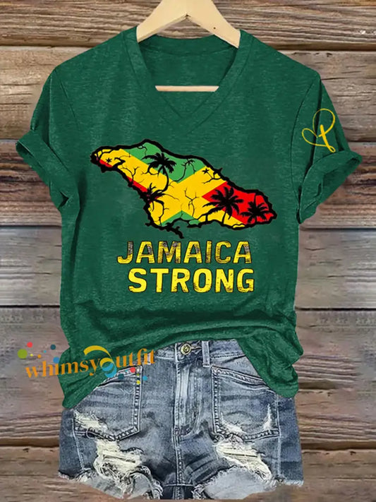 Women’s Jamaica Strong Cross Reggae V-Neck Tee Dark Green / S
