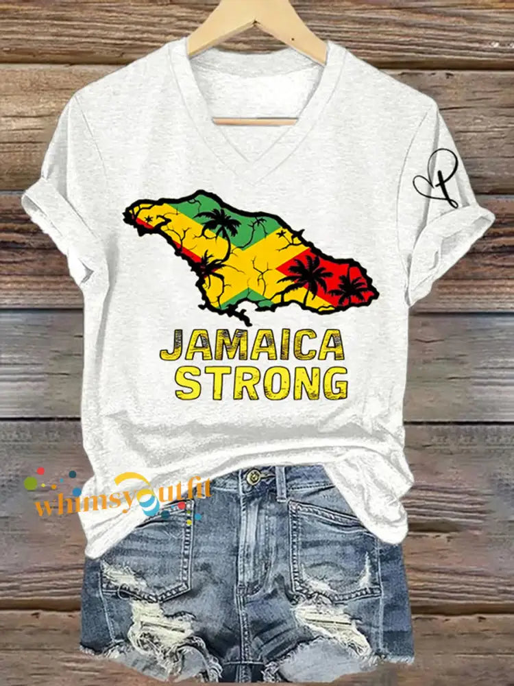 Women’s Jamaica Strong Cross Reggae V-Neck Tee White / S