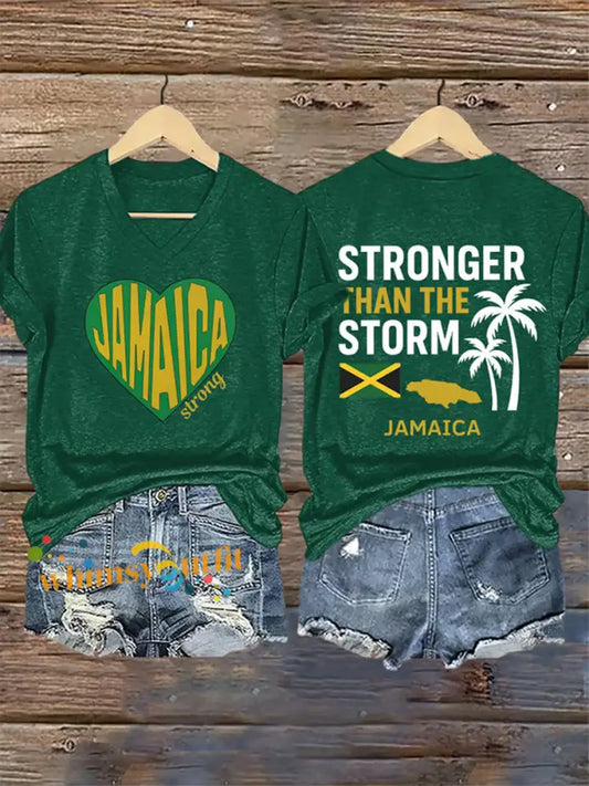 Women’s Jamaica Strong Stronger Than The Storm Print T-Shirt Green / S