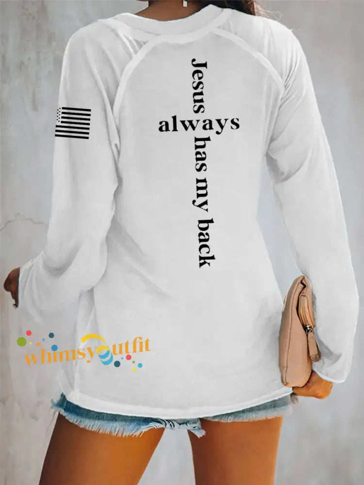 Women’s Jesus Has My Back Cross Faith USA Flag Print Casual V-Neck T-Shirt