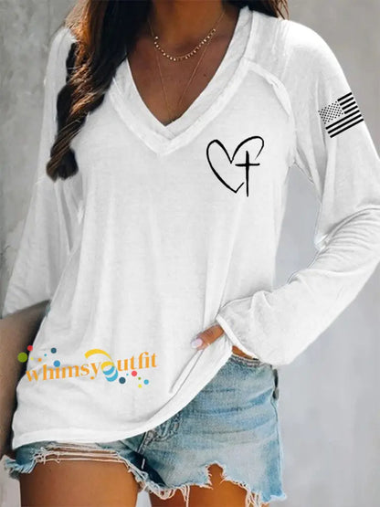 Women’s Jesus Has My Back Cross Faith USA Flag Print Casual V-Neck T-Shirt