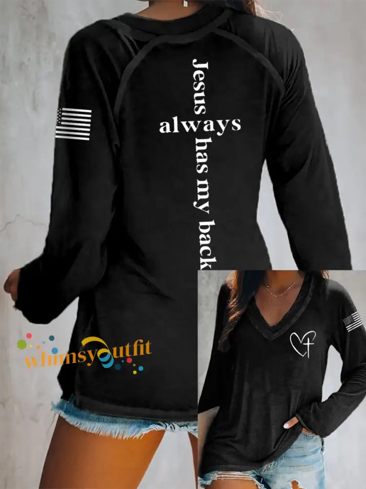 Women’s Jesus Has My Back Cross Faith USA Flag Print Casual V-Neck T-Shirt Black / S