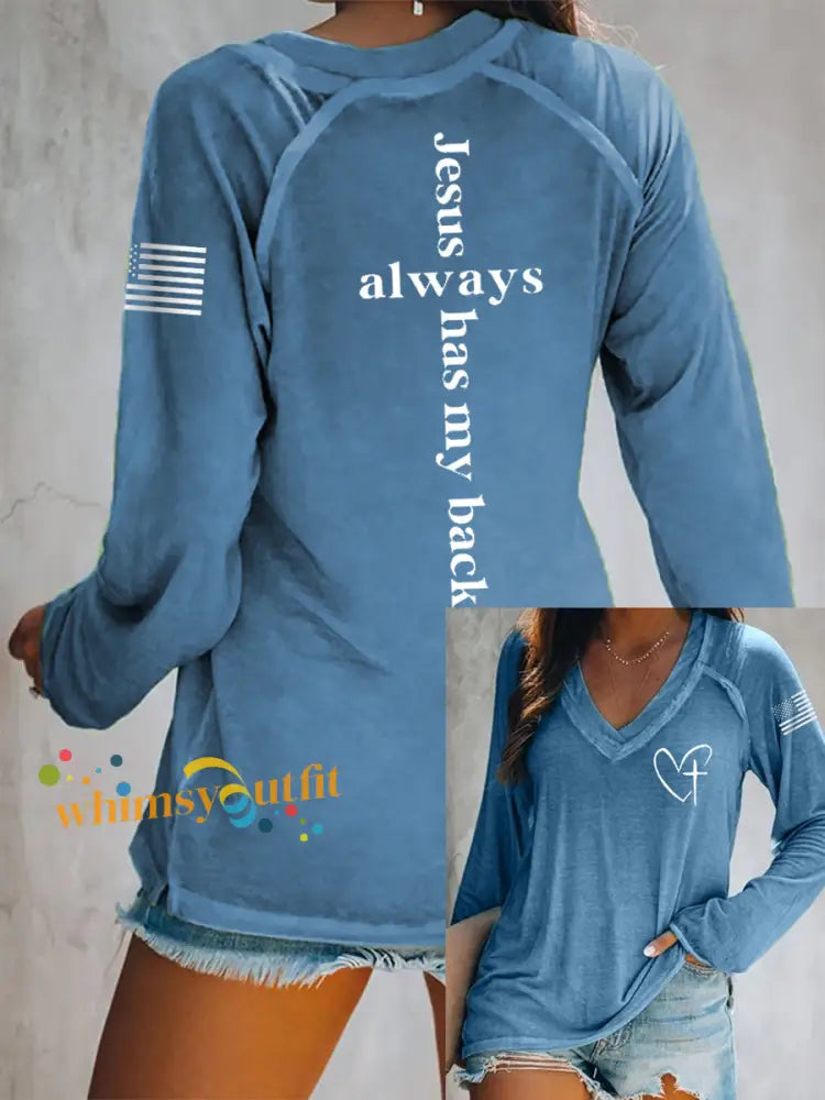 Women’s Jesus Has My Back Cross Faith USA Flag Print Casual V-Neck T-Shirt Blue / S