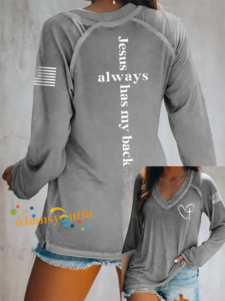 Women’s Jesus Has My Back Cross Faith USA Flag Print Casual V-Neck T-Shirt Gray / S