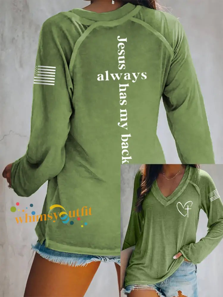 Women’s Jesus Has My Back Cross Faith USA Flag Print Casual V-Neck T-Shirt Green / S