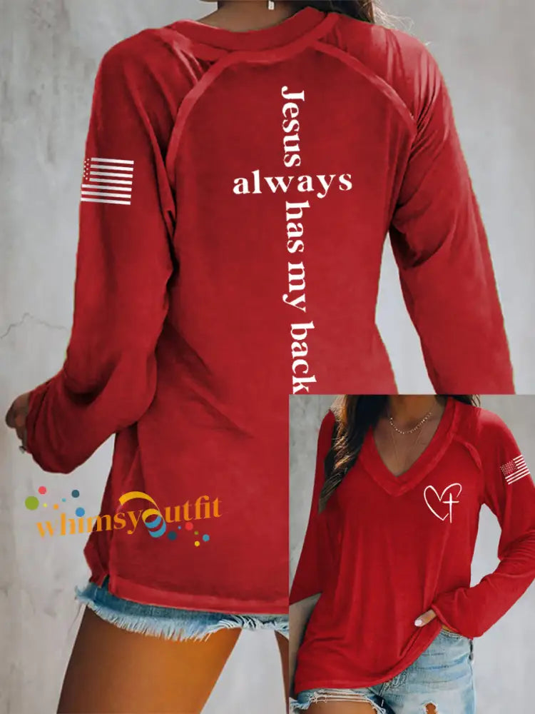 Women’s Jesus Has My Back Cross Faith USA Flag Print Casual V-Neck T-Shirt Red / S