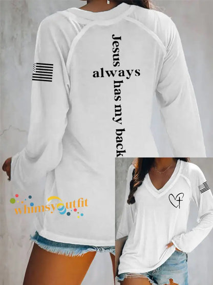 Women’s Jesus Has My Back Cross Faith USA Flag Print Casual V-Neck T-Shirt White / S