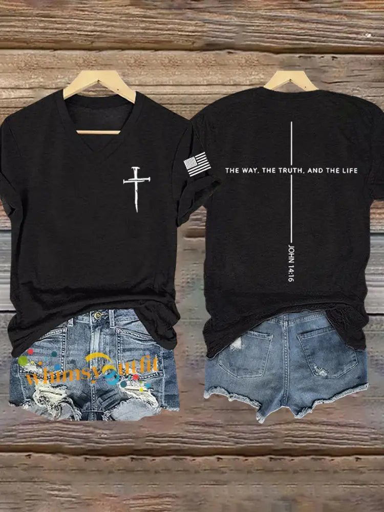 Women’s Jesus The Way The Truth The Life John 14:6 Christian Cross Short Sleeve T-Shirt Black / S
