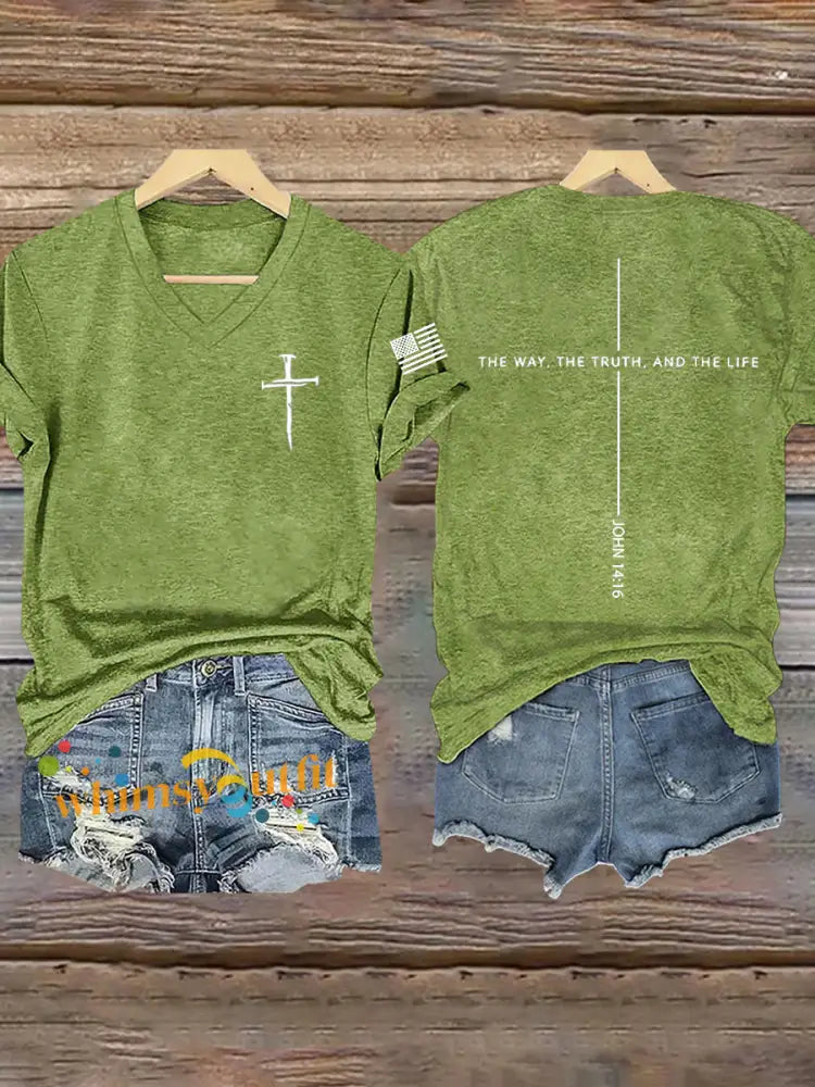 Women’s Jesus The Way The Truth The Life John 14:6 Christian Cross Short Sleeve T-Shirt Green / S