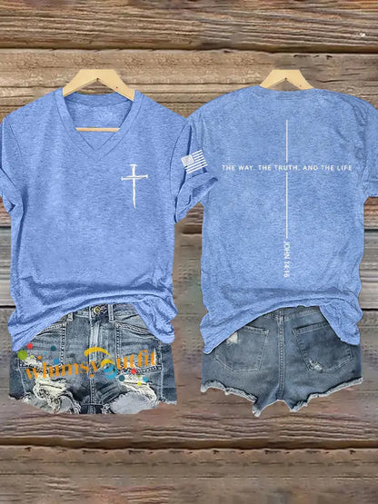 Women’s Jesus The Way The Truth The Life John 14:6 Christian Cross Short Sleeve T-Shirt Light Blue / S