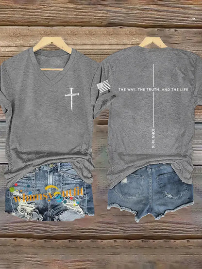 Women’s Jesus The Way The Truth The Life John 14:6 Christian Cross Short Sleeve T-Shirt Light Gray / S
