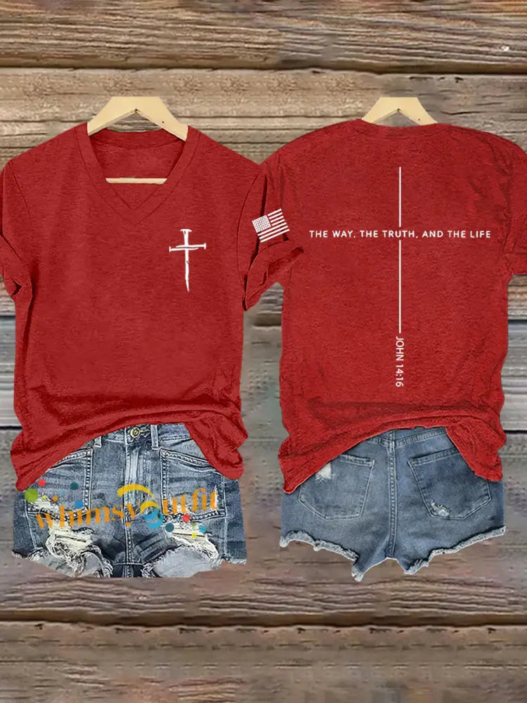 Women’s Jesus The Way The Truth The Life John 14:6 Christian Cross Short Sleeve T-Shirt Red / S