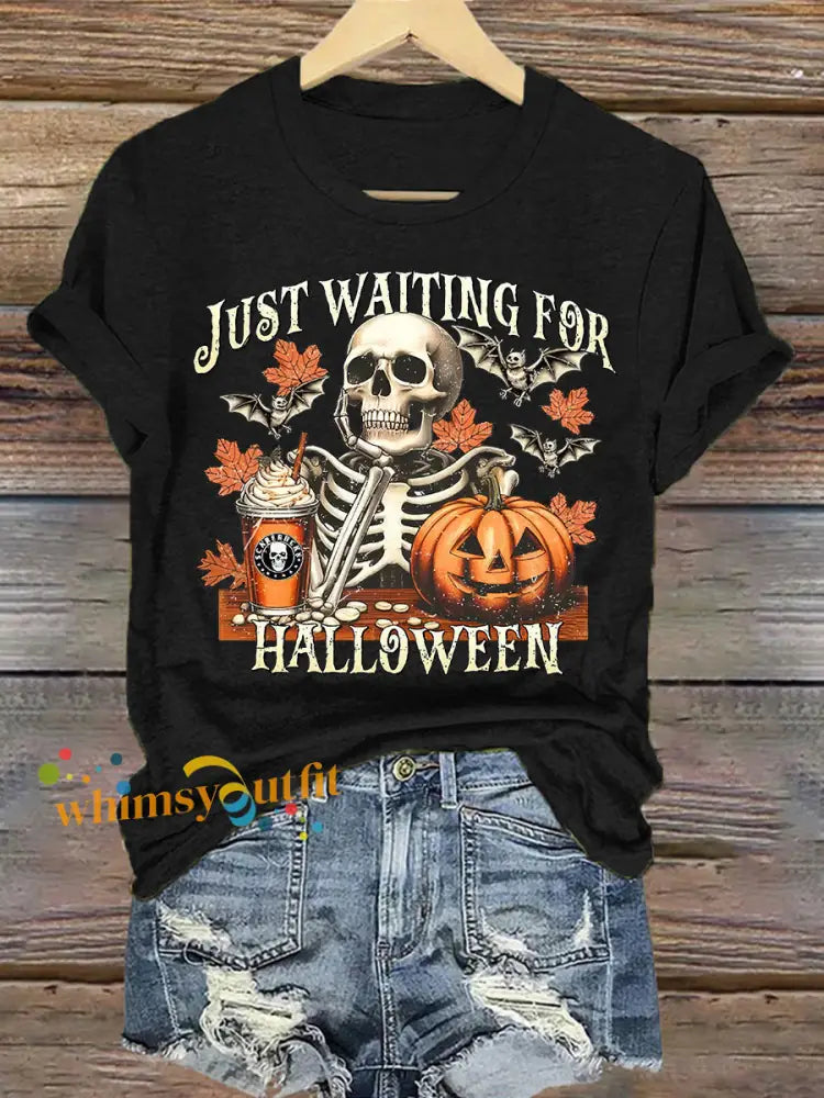 Women’s Just Waiting for Halloween Print T shirt Black / S