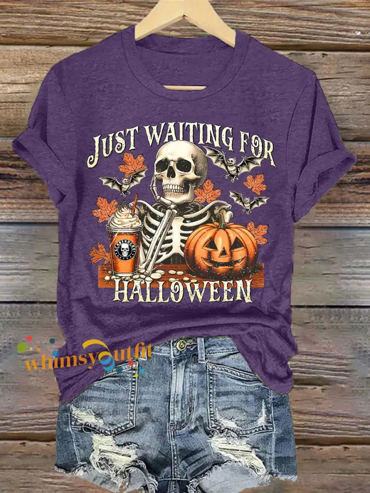 Women’s Just Waiting for Halloween Print T shirt Deep Purple / S