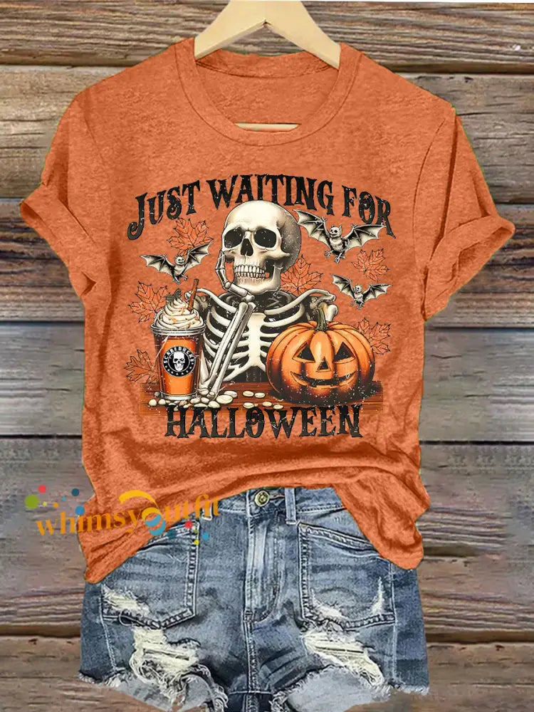 Women’s Just Waiting for Halloween Print T shirt Orange / S