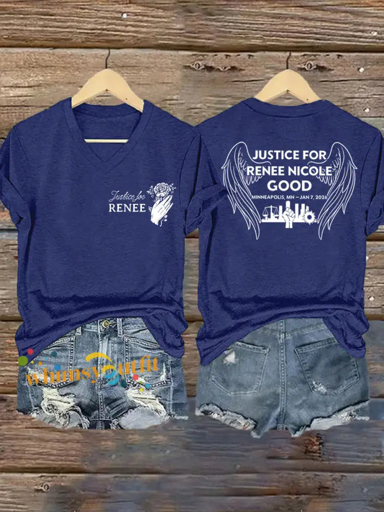 Women’s Justice For Renee Nicole Good V-Neck Tee Navy Blue / S
