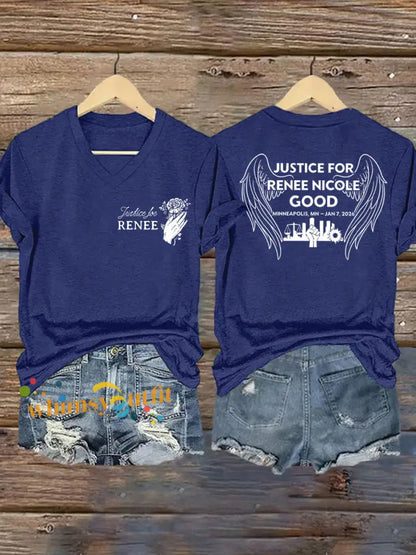 Women’s Justice For Renee Nicole Good V-Neck Tee Navy Blue / S