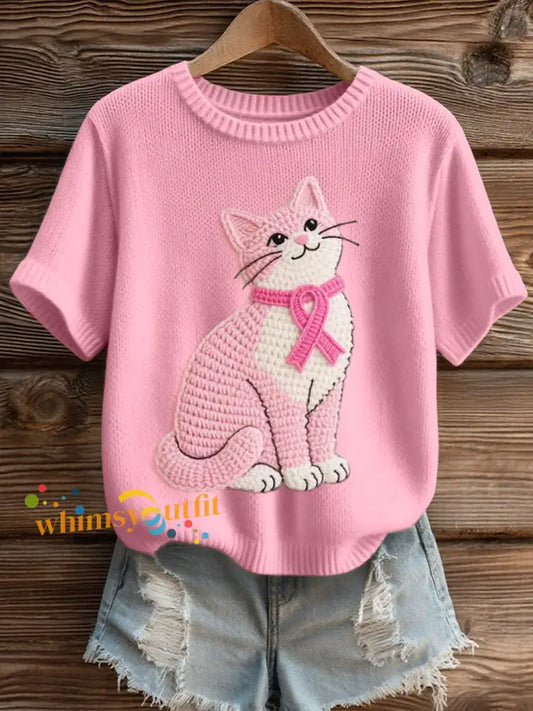 Women’s Lovely Cat Crochet Pattern Cozy Knit Top Pink / S