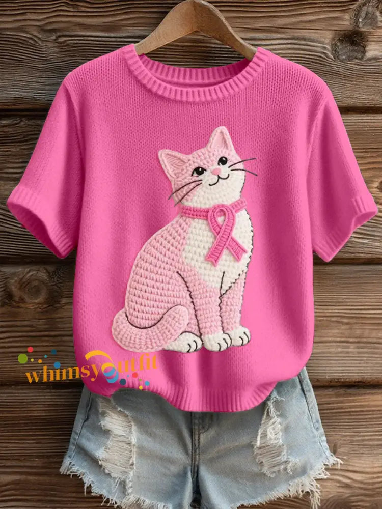 Women’s Lovely Cat Crochet Pattern Cozy Knit Top Rose Red / S