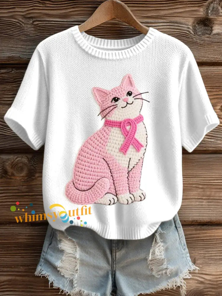 Women’s Lovely Cat Crochet Pattern Cozy Knit Top White / S
