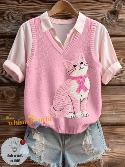 Women’s Lovely Cat Crochet Pattern Cozy Knit Vest Pink / S