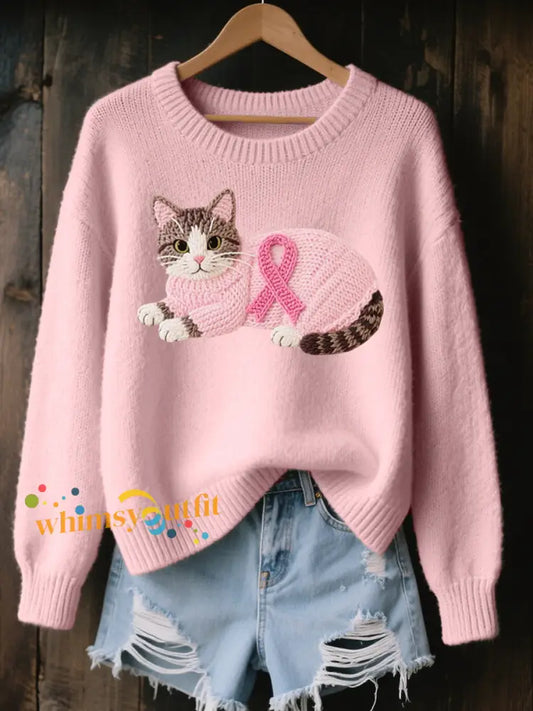 Women’s Lovely Cat Embroidered Cozy Knit Sweater Pink / S