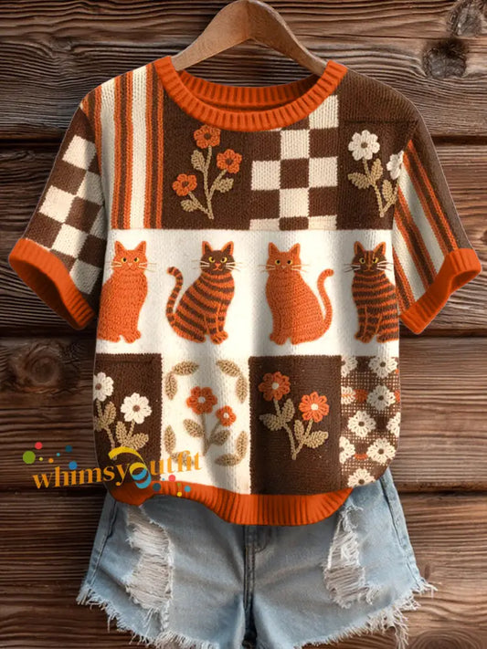 Women’s Lovely Cats Pattern Cozy Knit Top As picture / S