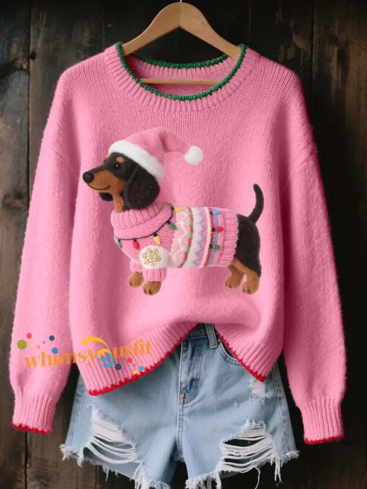 Women’s Lovely Christmas Dachshund Felt Art Cozy Knit Sweater Pink / S