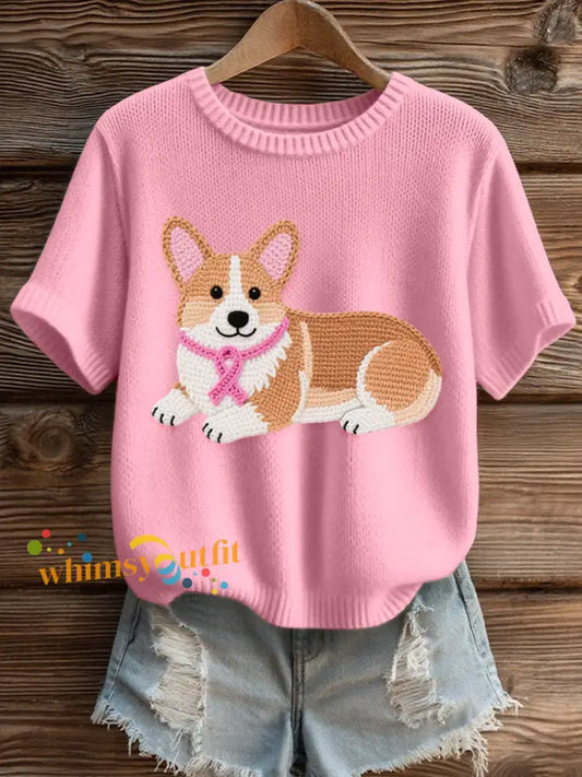 Women’s Lovely Corgi Crochet Pattern Cozy Knit Top Pink / S