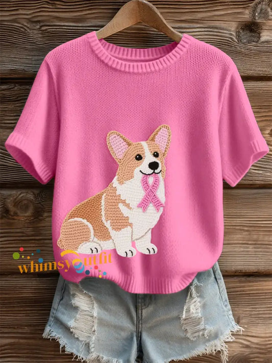 Women’s Lovely Corgi Embroidered Cozy Knit Top Pink / S