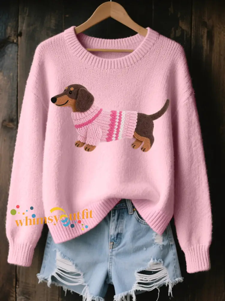 Women’s Lovely Dachshund Felt Pattern Cozy Knit Sweater Pink / S