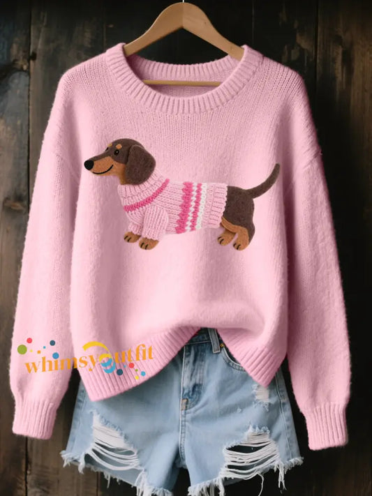 Women’s Lovely Dachshund Felt Pattern Cozy Knit Sweater Pink / S