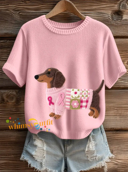 Women’s Lovely Dachshund Pattern Felt Art Cozy Knit Top Pink / S