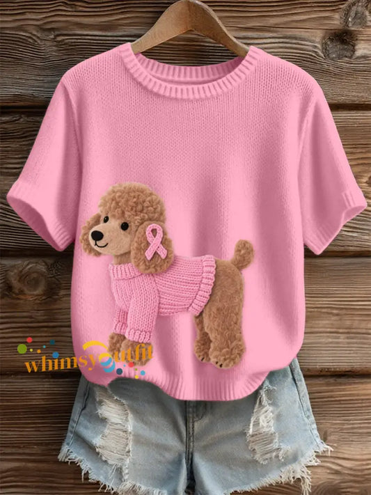 Women’s Lovely Poodle Dog Pattern Felt Art Cozy Knit Top Pink / S