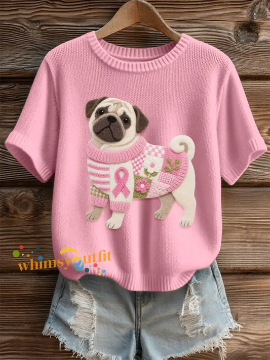 Women’s Lovely Pug Felt Art Cozy Knit Top Pink / S