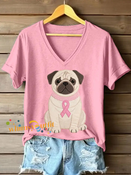 Women’s Lovely Pug Patchwork Art V Neck T Shirt Pink / S