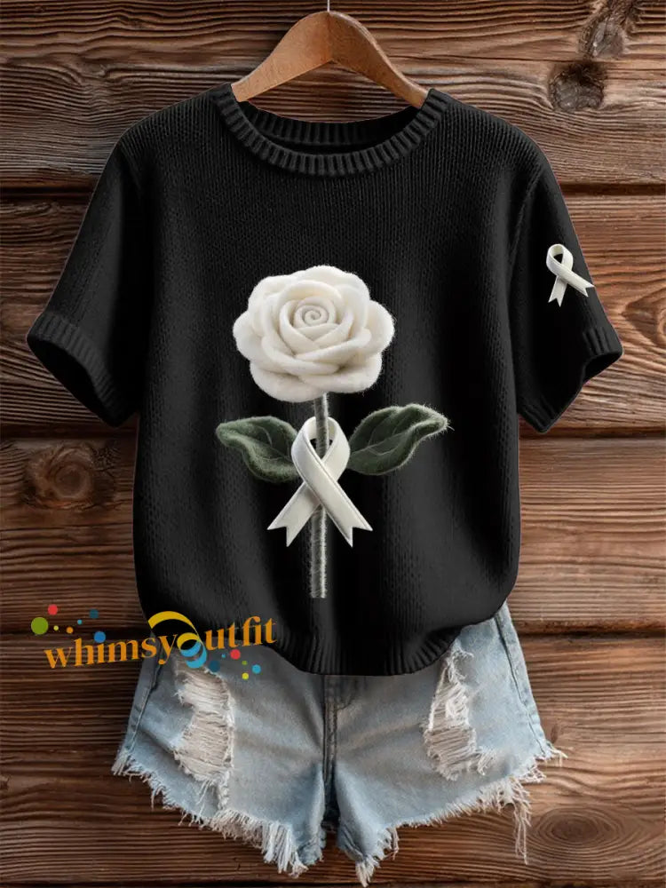 Women’s Lung Cancer White Rose White Ribbon Tops Black / S