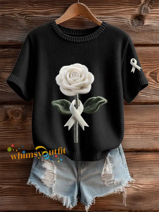 Women’s Lung Cancer White Rose White Ribbon Tops Black / S