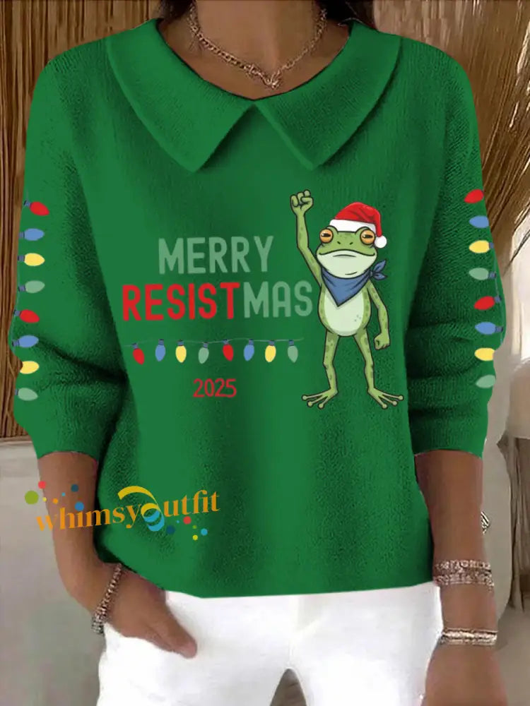 Women’s Merry Resistmas Portland Frog Printed Sweater Top Green / S