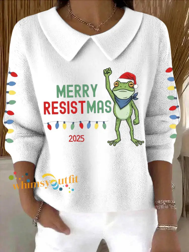 Women’s Merry Resistmas Portland Frog Printed Sweater Top White / S