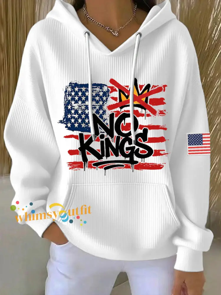 Women’s No Kings In America USA Flag Print Hoodie White / S