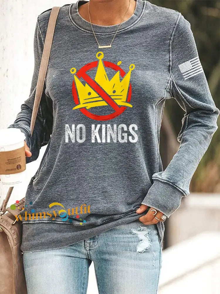Women’s No Kings In America USA Flag Print Sweatshirt Gray / S