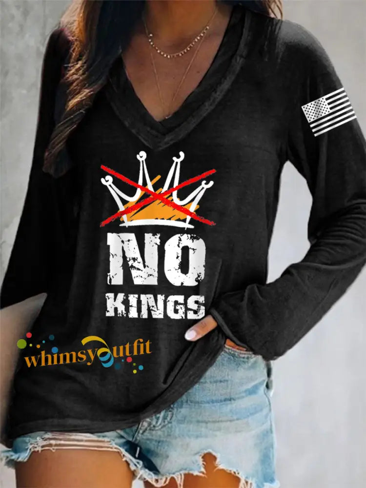 Women’s No Kings In America V-Neck Long-Sleeve T-Shirt Black / S