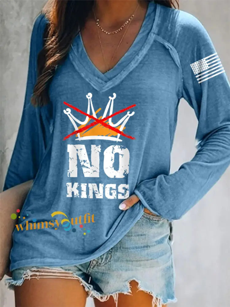 Women’s No Kings In America V-Neck Long-Sleeve T-Shirt Blue / S