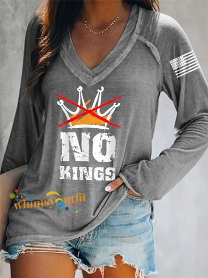 Women’s No Kings In America V-Neck Long-Sleeve T-Shirt Gray / S