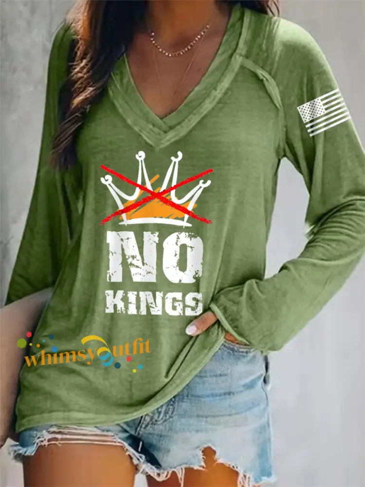 Women’s No Kings In America V-Neck Long-Sleeve T-Shirt Green / S