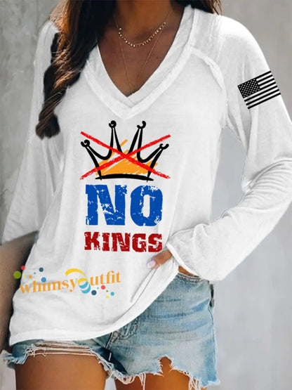 Women’s No Kings In America V-Neck Long-Sleeve T-Shirt White / S