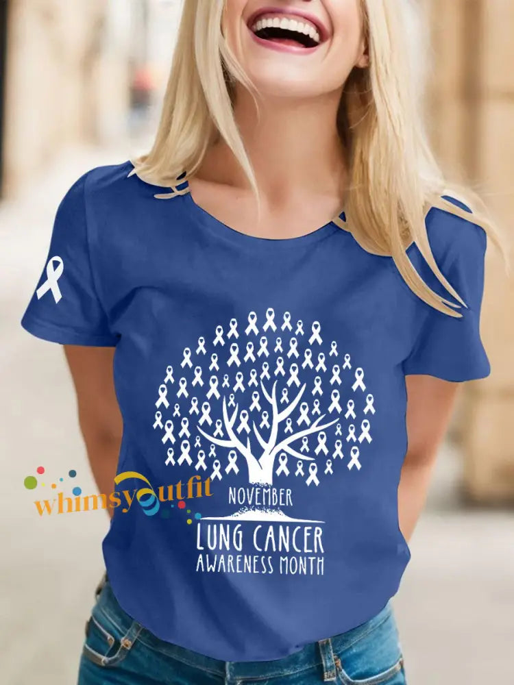 Women’s November Lung Cancer Awareness White Ribbon Tree T Shirts Blue / S