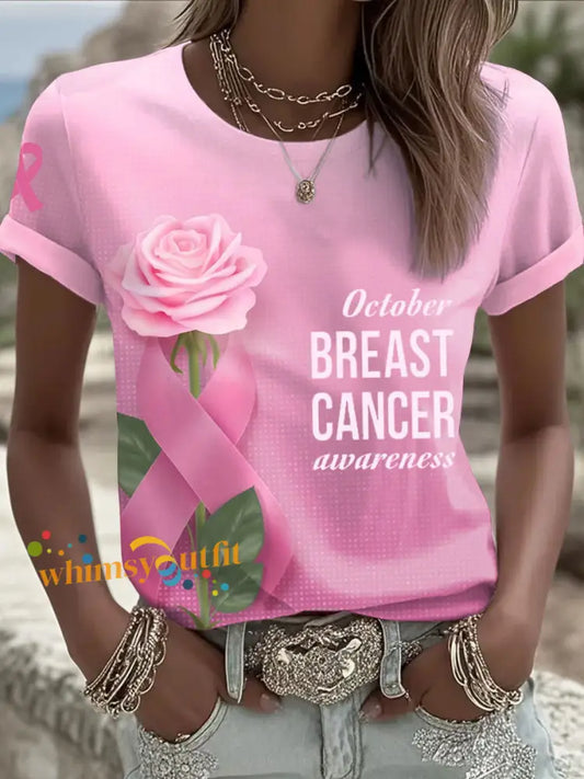 Women’s October Breast Cancer Awareness Pink Rose T Shirts Pink / S